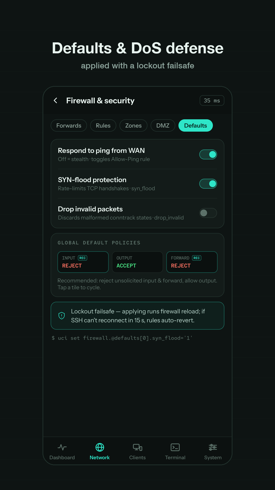 Firewall defaults and DoS defense
